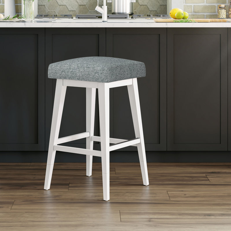 Dorreen Wood And Upholstered Square Backless Adjustable Height Swivel Stool, Pure White, Graphite