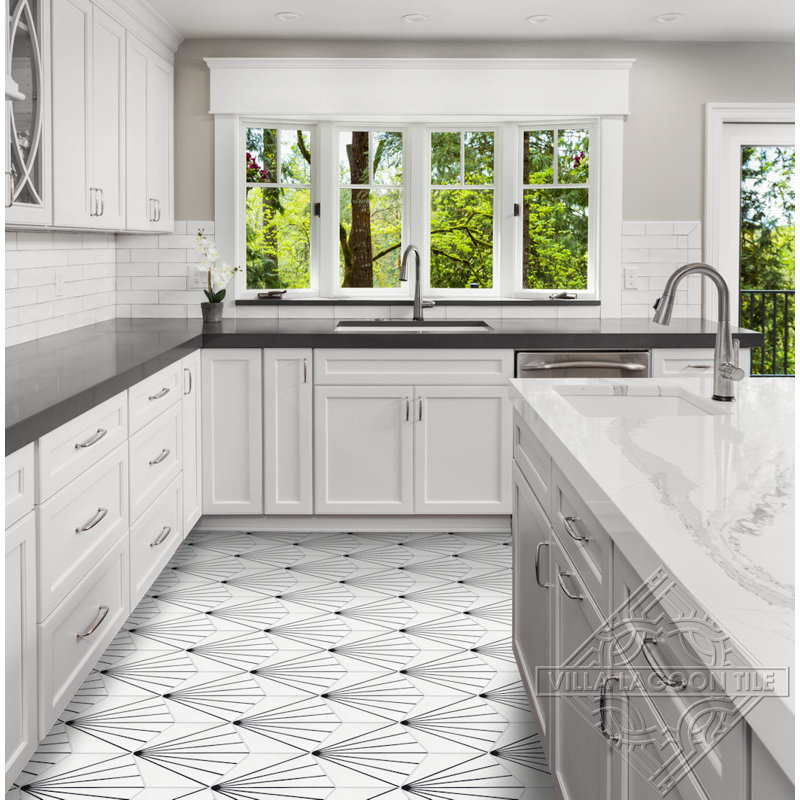 Spark C 7.87" x 9.09" Cement Patterned Wall & Floor Tile, Black/White Morning