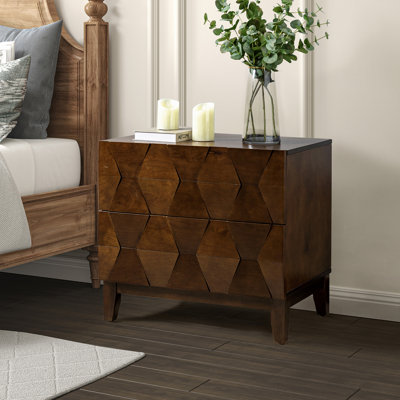 Sara Midcentury Modern 26''W 2-Drawer Nightstand with Charging Station and Solid Wood Legs