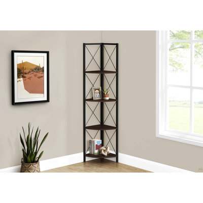 Bookshelf, Bookcase, Etagere, Corner, 4 Tier, 60"H, Office, Bedroom, Brown Laminate, Black Metal, Contemporary, Modern