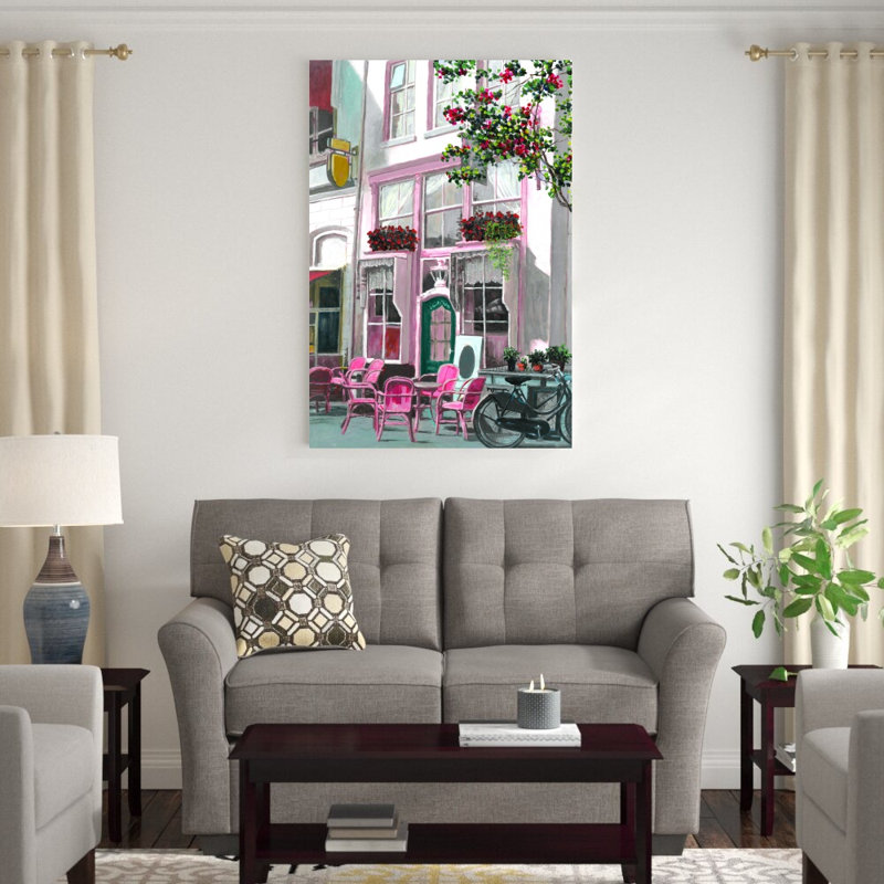 «Pink City Café», peinture sur toile tendue, H 48 po x l 32 po