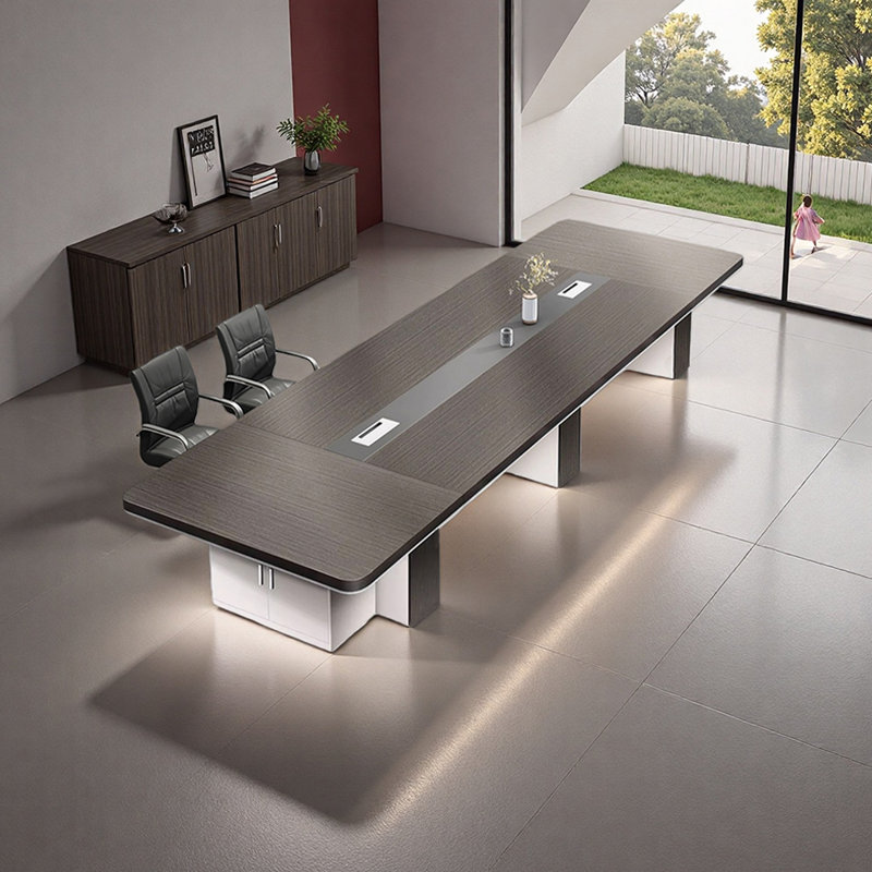 Table de conférence minimaliste avec armoire de rangement, H 29,52 po x L 216,53 po x l 59,05 po, Gris