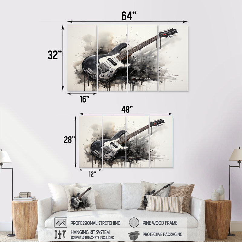 «Brown Charcoal Guitare Vibations II», art mural 4 pièces, H 28 po x l 48 po