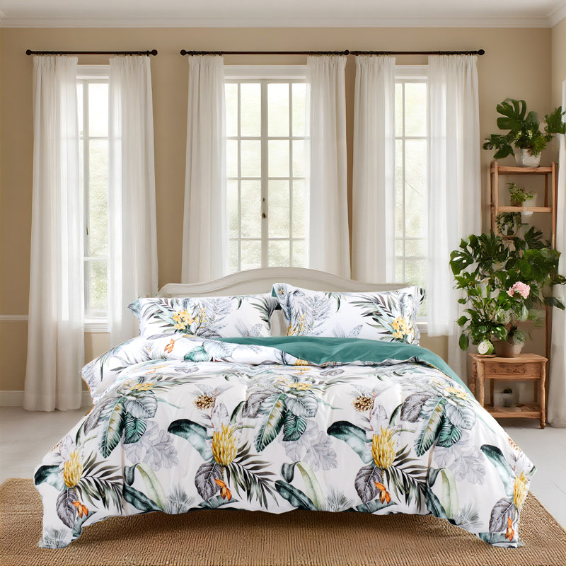 Lunaria 100% Long Staple Cotton King Duvet Cover 3 Pieces Set Summer Tropical Plantain and Floral Pattern Comforter Cover Set