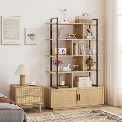 5-Tier Tall Rattan Office Bookshelf - 71.1" Industrial Bookcase - Storage Cabinet with Door - Metal Frame, Open Display Shelves