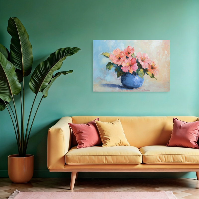 Hibiscus, fleurs, vase bleu, contemporain, nature paisible, printemps, art mural, H 24 po x l 36 po