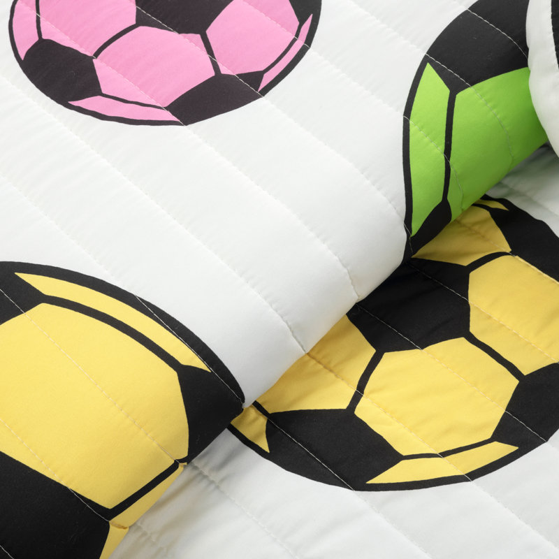 White and Turquoise Reversible Soccer Quilt Set with Pillows