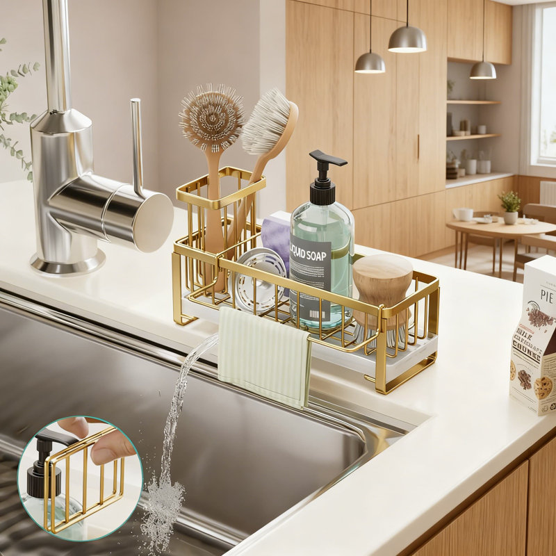 Porte-éponge en acier inoxydable pour évier de cuisine avec conception autodrainante, porte-brosse amovible et lavette, organisateur de comptoir pour un nettoyage efficace