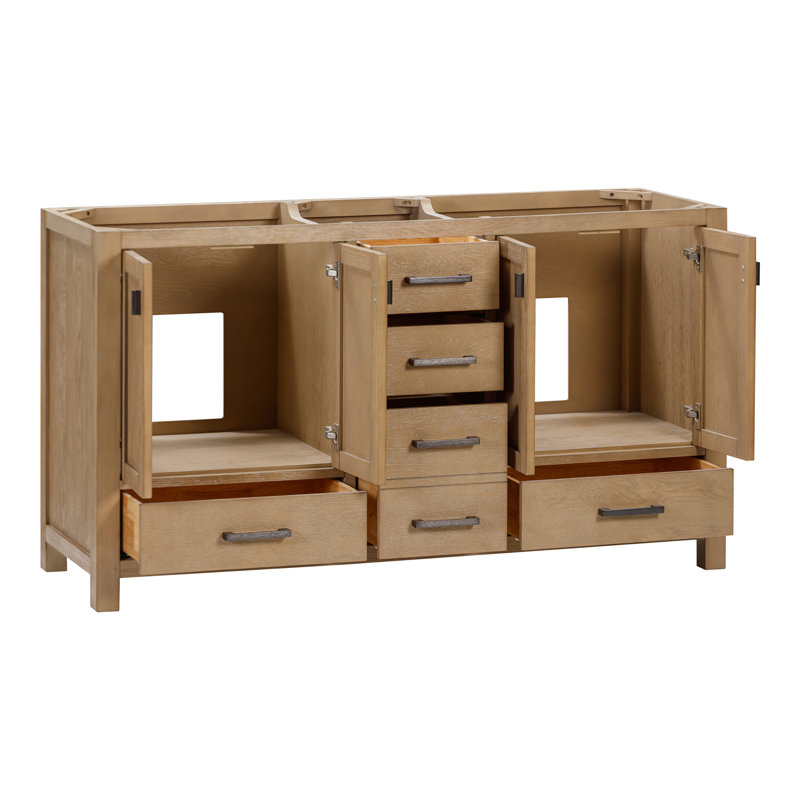 Modero 60" Double Bathroom Vanity with Top, Carrara White, Brushed Oak, Black