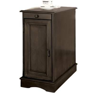 Gray Transitional Side Table With Storage Cabinet USB Ports And Pull Out Cup Holder | Gift Idea