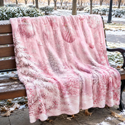 Plaid douillet de Noël, motif de sapins et décorations roses féériques, couverture moelleuse pour canapé, lit, chambre à coucher, salon, décoration intérieure