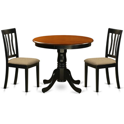 3 Piece Kitchen Table Set for Small Spaces Contains a Round Dining Room Table with Pedestal and 2 Linen Fabric Upholstered Chairs, Black & Cherry
