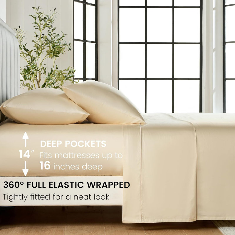 Ensemble de draps 100% coton 400 fils, Ensemble de draps pour grand lit avec 2 taies d'or, Beige