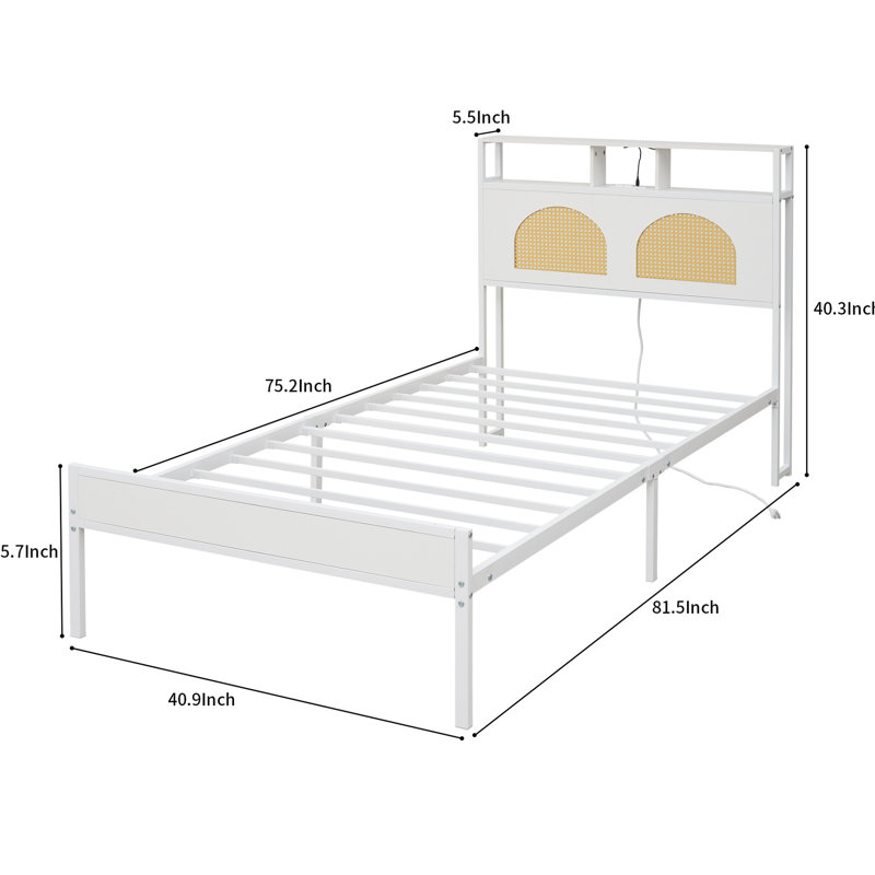 Cadre de lit simple blanc avec tête de lit, éclairage à DEL, prises de recharge, sous-pièce, assemblage rapide, sans sommier, support solide, grincement, lumières réglables faciles à installer, 2 ports, rangement, bruit,