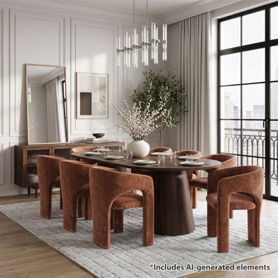 Round-to-Oval Extendable Dining Set with Chenille Upholstered Barrel Armchairs