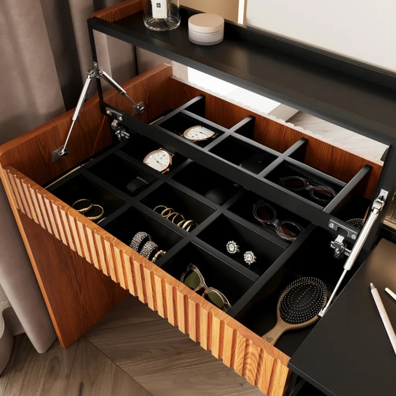 98.4-Inch Convertible L-Shaped Extendable Vanity Table, Featuring A Flip-Up Mirror, 6 Large Storage Drawers And 1 Small Storage Drawer, Glass Doors, And An Additional Shelf With Built-In LED Lighting