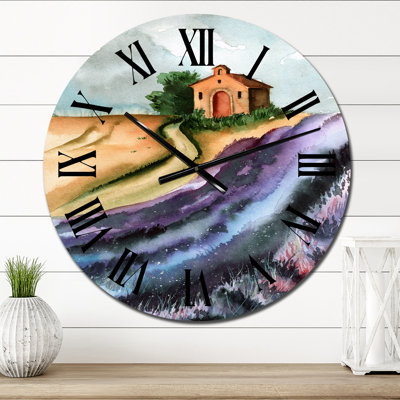 Horloge murale champ de lavande avec petite maison