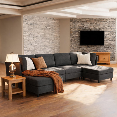 Modular Corner Sofa, Modern Armless Fabric Sectional Sofa with Dual Assembled Sizes, Configurable Modules and Convertible Ottoman