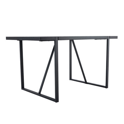 A 55-Inch Minimalist Retro Rectangular Dining Table With A Black Textured Top With Inset Rectangular Black Metal Legs.Minimalist Mdf Tabletop.Meeting