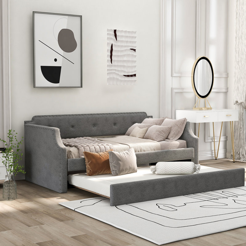 Upholstered Daybed With Trundle, Gray