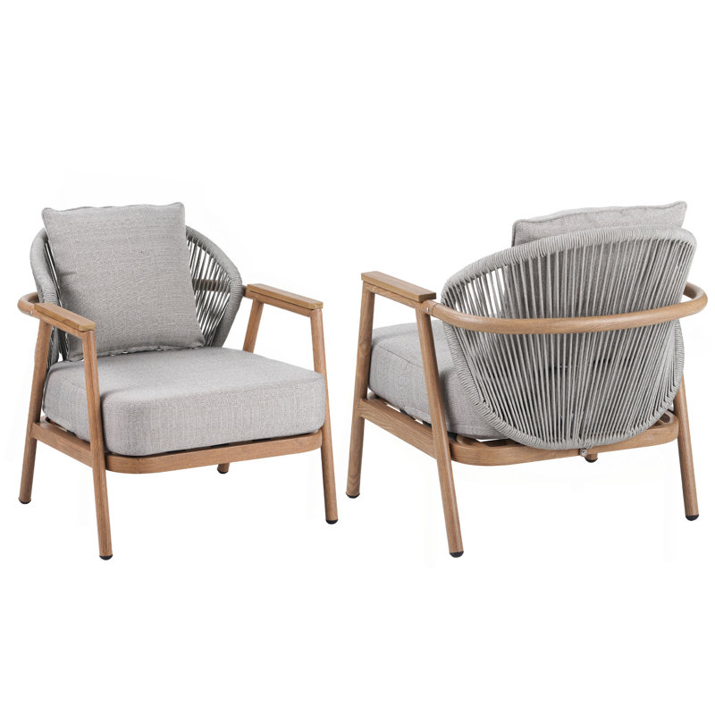 Fauteuil club en corde Orla, fini teck avec coussin taupe texturé Orla, 2, Taupe, Teak