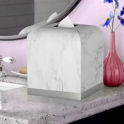 Housse pour boîte à mouchoirs Oneita | Porte-boîte à mouchoirs carré en résine blanche | Finition argent
