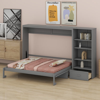 Murphy Bed With Height Adjustable Storage Compartments And Shelf, Wall Bed Frame With 1 Drawer, Multifunctional Foldable Platform Bed