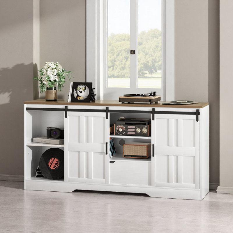 Meuble télé pour téléviseur 65,9 po, meuble télé Mid-Century avec portes de grange coulissantes, Blanc