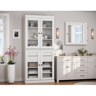 32" W x 71.5" H 100% Solid Wood Freestanding Bathroom Storage Cabinet with Frosted Glass Doors, 2 Drawers & Adjustable Shelves – Modern Bathroom Organizer
