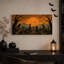 Tableau sur toile représentant un cimetière au clair de lune orange avec des corbeaux et des citrouilles, idéal pour l’Halloween.-252965388