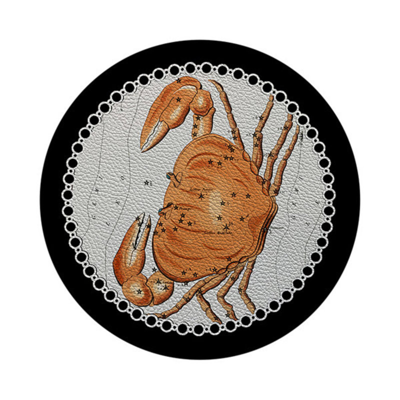 Zodiac Cancer White Vegan Leather Round Coasters, Black