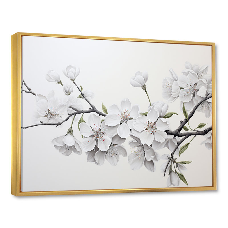 Fleur de cerisier blanc minimaliste et minimaliste II, Cadre flottant doré, H 24 po x l 32 po x P 1 po