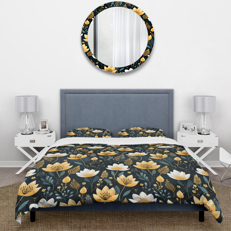 Meadow Black And Yellow Floral Pattern - Ensemble de housse de couette à motif floral