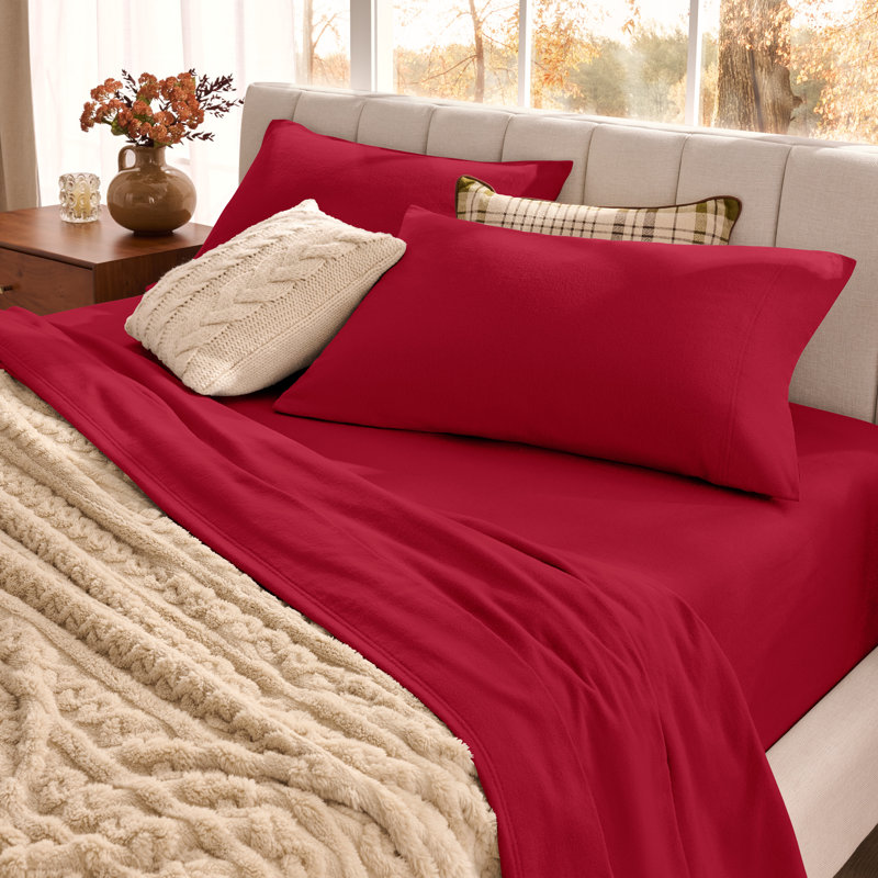 Organic 100% Cotton Flannel Sheet Set, Twin Sheet Set with 1 Pillowcase, Red