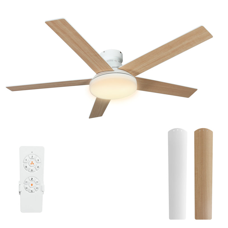 Balconera 52" 5 Blades Ceiling Fan With Light & Remote, 3 LED Color, 6 Speed Quiet DC Motor, Natural Wood, White