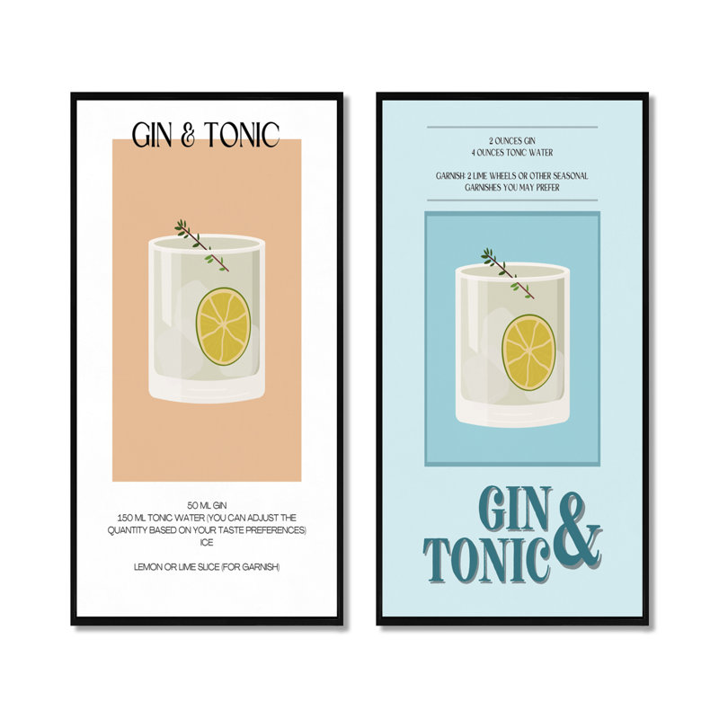 Ensemble de 2 pièces d'art mural gin et tonique sur les rochers Highball Cocktail I, H 28 po x l 24 po, Impression encadrée