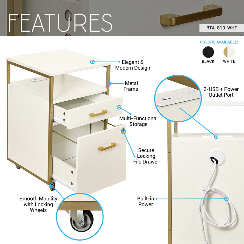 15.75 " Wide 2 Vertical Filing Cabinet, White/Gold