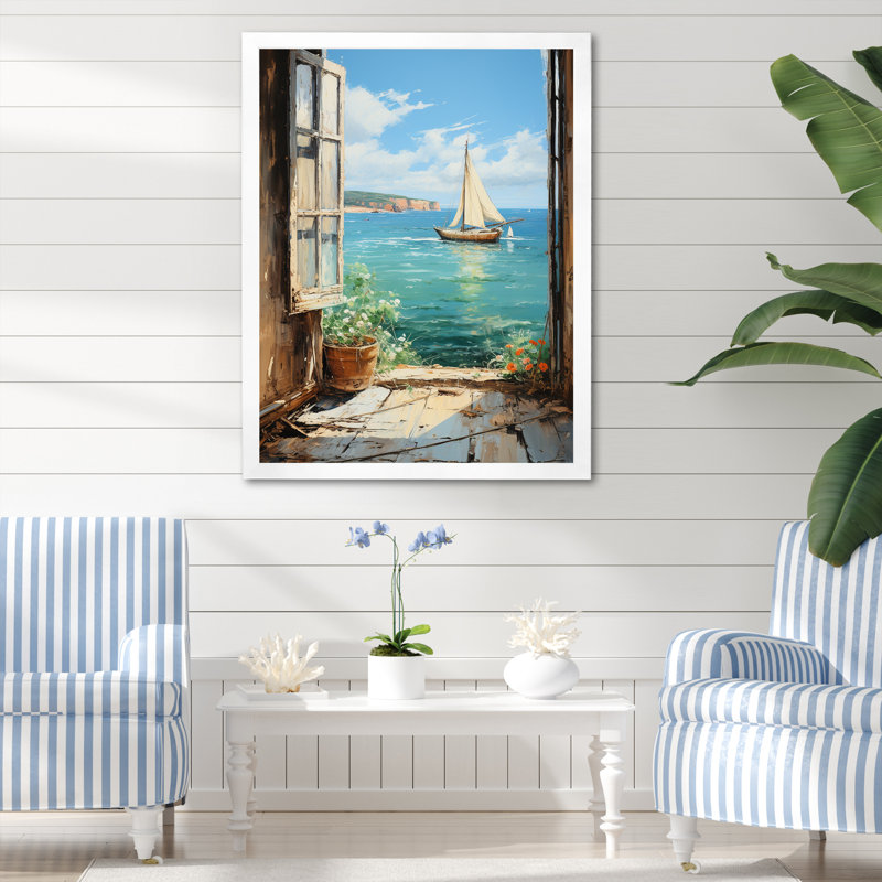 Voilier de bateau, vue sur l'océan II - fenêtres côtières, art mural, Cadre simple blanc, H 20 po x l 12 po x P 1 po
