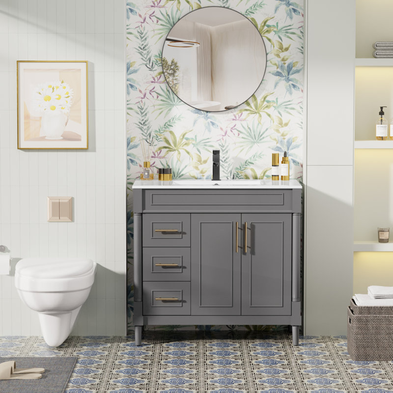 Ensemble de meuble-lavabo autoportant 36 po avec comptoir Everarda, robinet, pieds fuselés classiques, Gris
