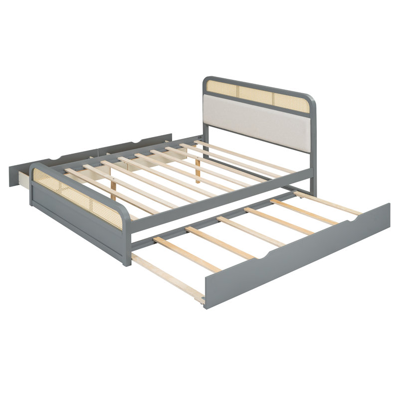 Grand lit plateforme en bois avec lit gigogne et 2 tiroirs, Gris