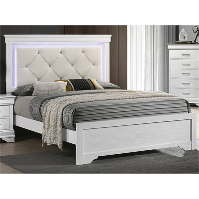 White Faux Leather Tufted Headboard Eastern King Bed with LED, Unique Texture, Solid Wood Frame