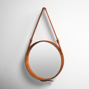 Leather Strap Hanging Wood Wall Mirror