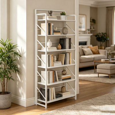 Folding Bookshelf, 6 Tier Industrial Wood Foldable Bookcase With Metal Frame, No Assembly