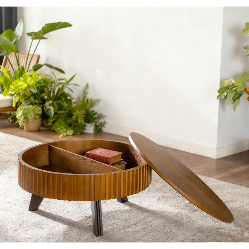 Table basse ronde 31,5 "avec espace de rangement, Plateau naturel / base brune, 15.7" H x 31.5" L x 31.5" W