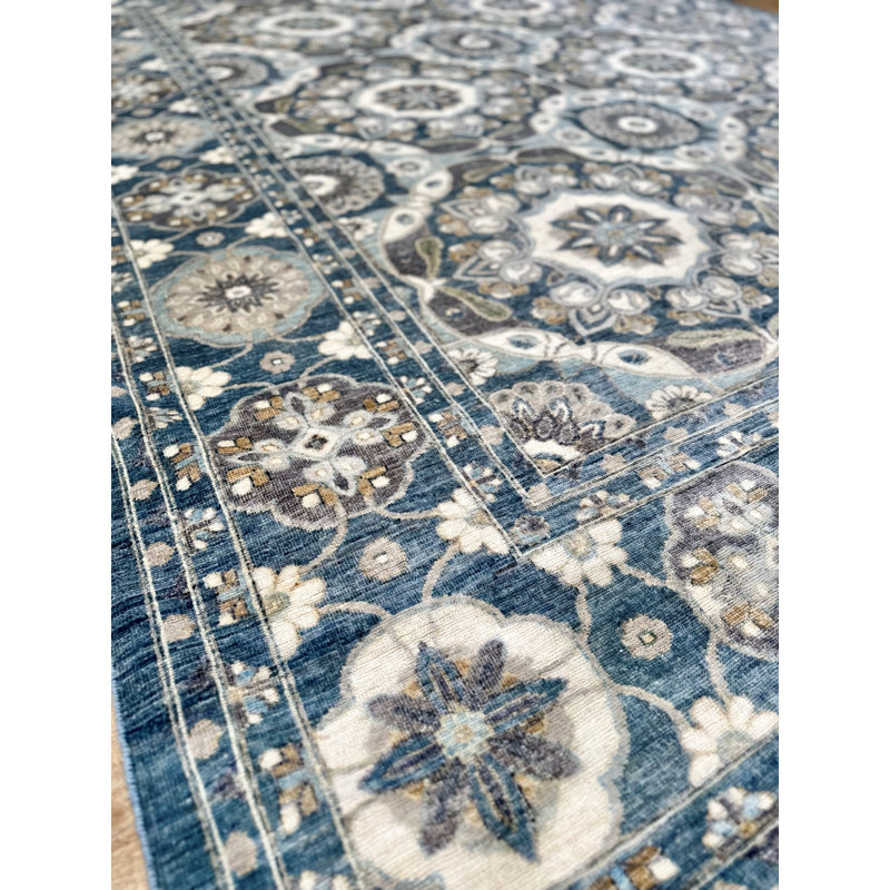 Proprietary Patterns Hand Knotted Wool Southwestern Area Rug in Heron Denim, Rectangle 10' x 14'