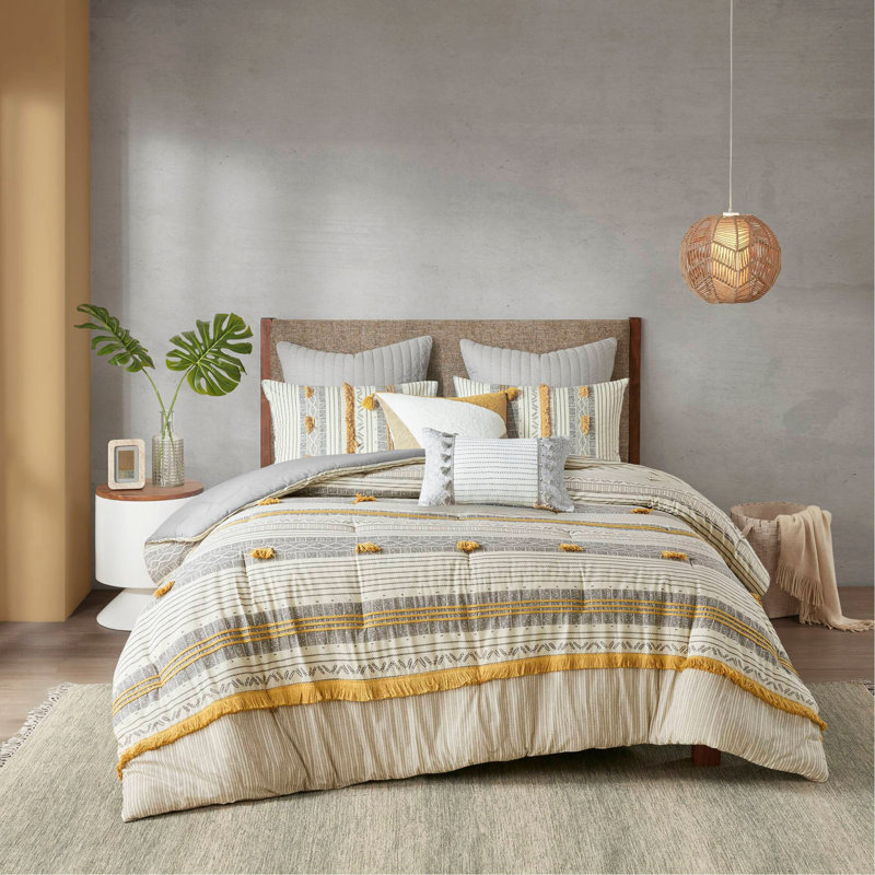 3 Piece Cotton Comforter Set Gray/Yellow