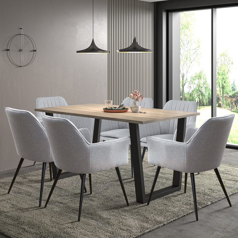 Dudley 150Cm Dining Table Set With Grey Fabric Dining Chairs With Armrest, 7