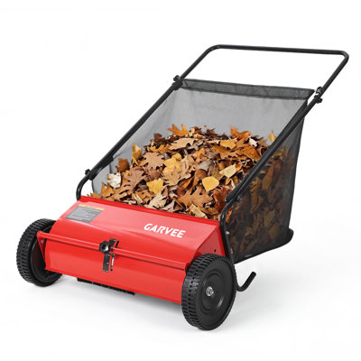  Push Lawn Sweeper 26 Inch, Walk Behind Leaf Collector with 4 Brushes, 7 Cu.Ft. Hopper for Yard Patio, Red