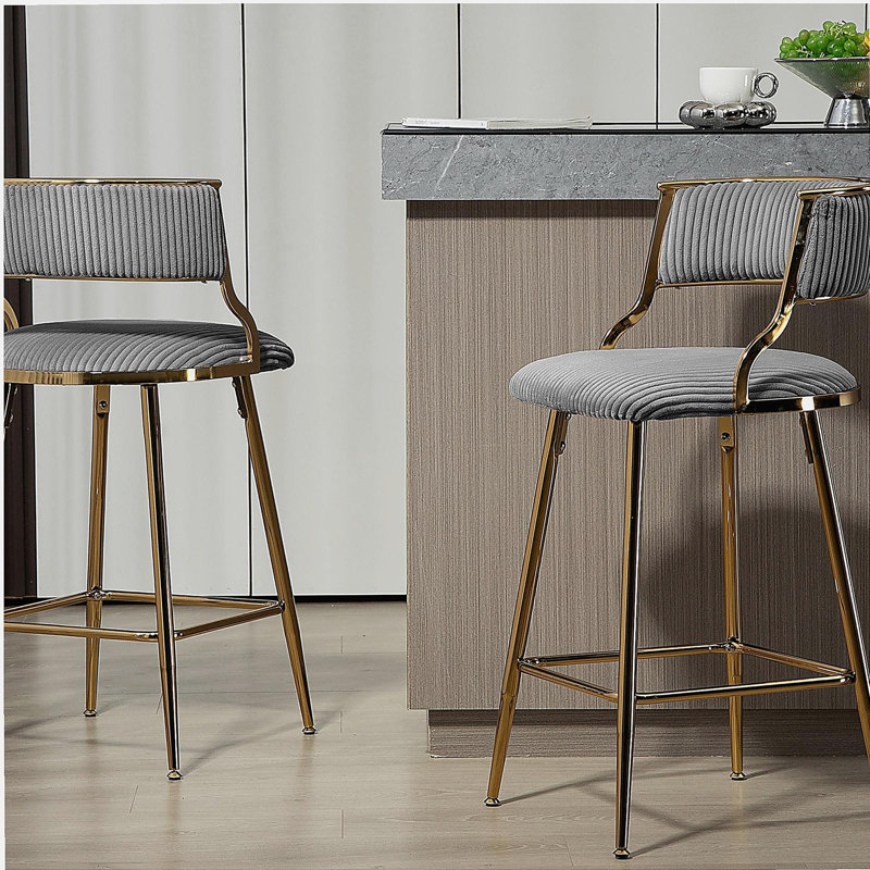 Ensemble de 2 tabourets de bar, tabouret de bar de 26 po de hauteur de comptoir, tabouret de comptoir en velours ondulé pour îlot de cuisine, avec dossier, base et repose-pieds chromés