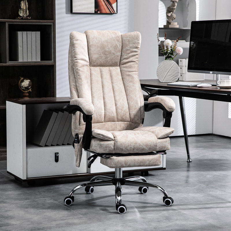 Fauteuil de bureau blanc crème avec massage en 6 points, repose-pieds réglable en hauteur, repose-pieds, crème